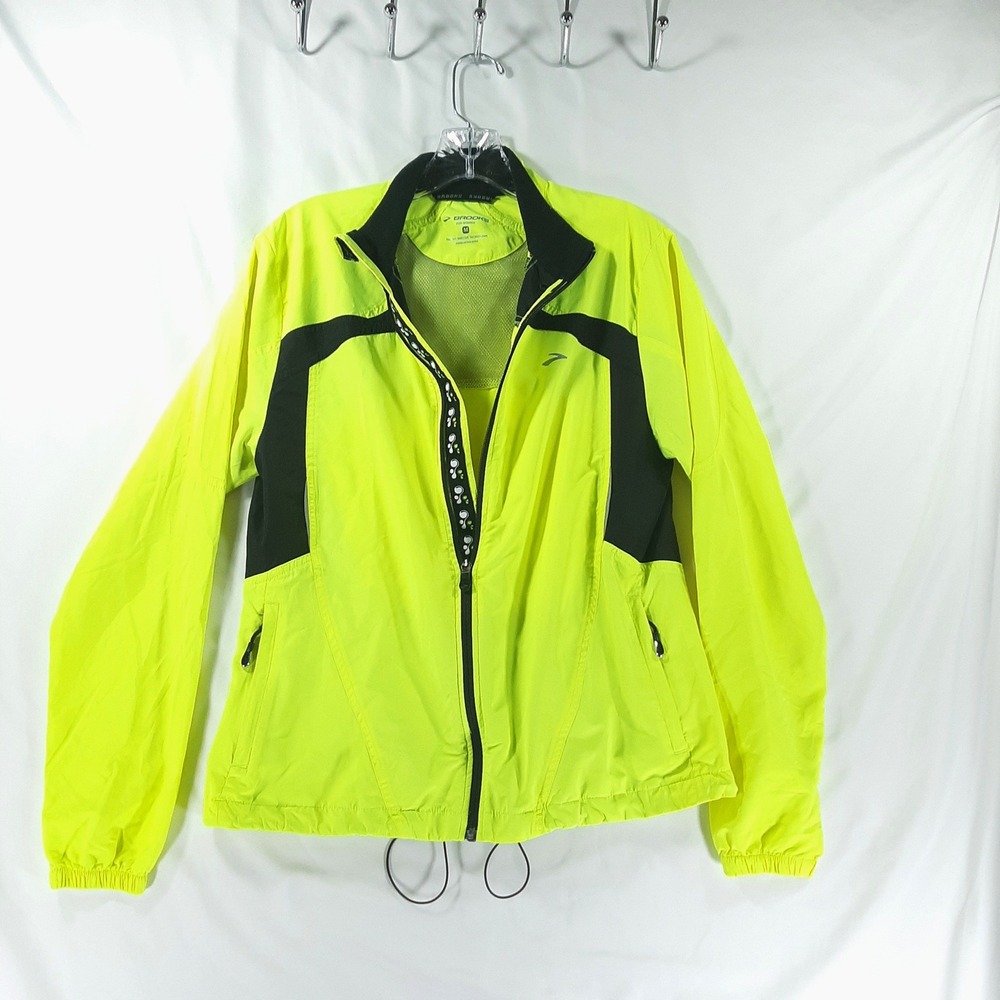 Brooks Shelter Technology Running Jacket Neon Yellow Black Womens Med Full Zip